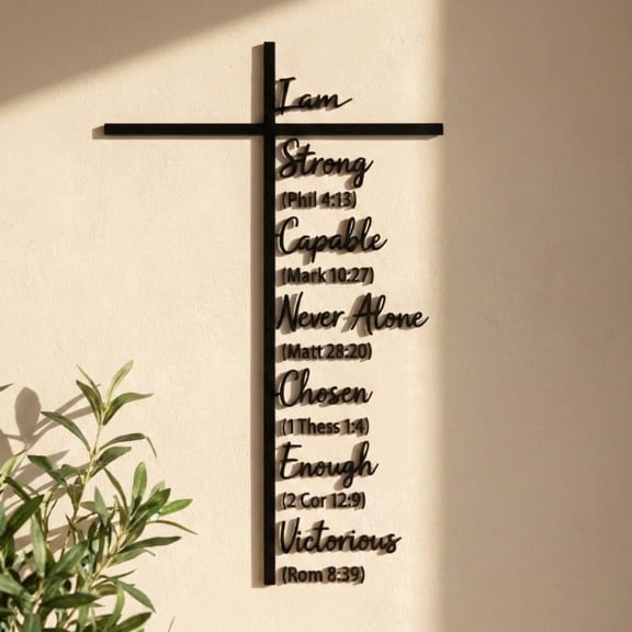 Black Metal Cross Wall Art with Bible Verses, "I Am" Christian Scripture Silhouette Sign, Inspirational Religious Wall Decor for Living Room & Home