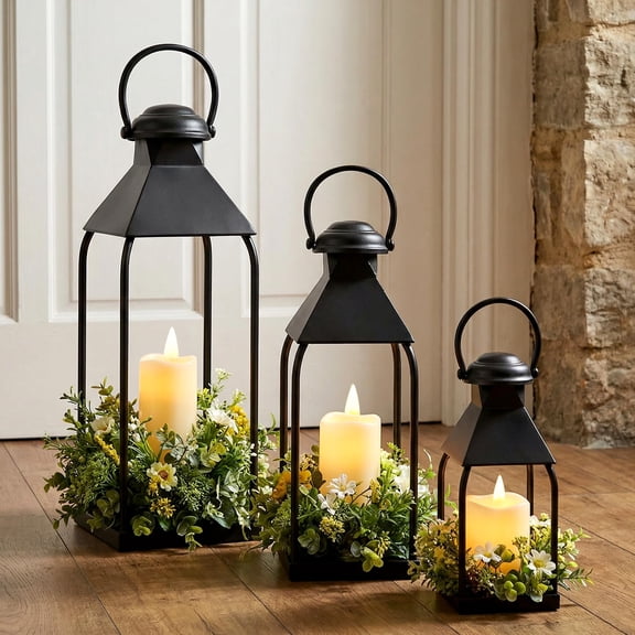 Black Metal Decorative Lanterns Set of 3 Farmhouse Style for Indoor Outdoor Use
