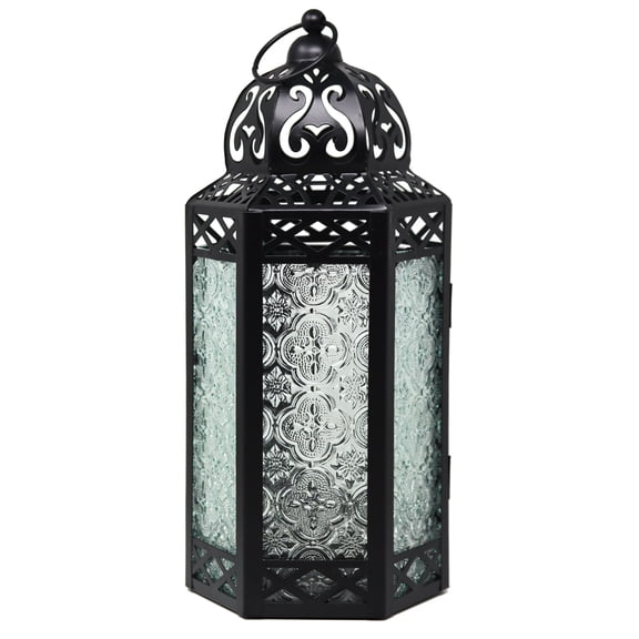 12" Large Moroccan Lantern Candle Holder – Black with Clear Glass, Metal Decorative Lamp for Indoor or Outdoor Patio or Porch Use, Home Decor, Ramadan, Weddings