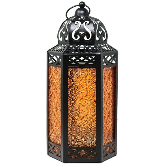 12" Large Moroccan Lantern Candle Holder – Black with Amber Glass, Metal Decorative Lamp for Indoor or Outdoor Patio or Porch Use, Halloween, Home Decor, Ramadan, Weddings