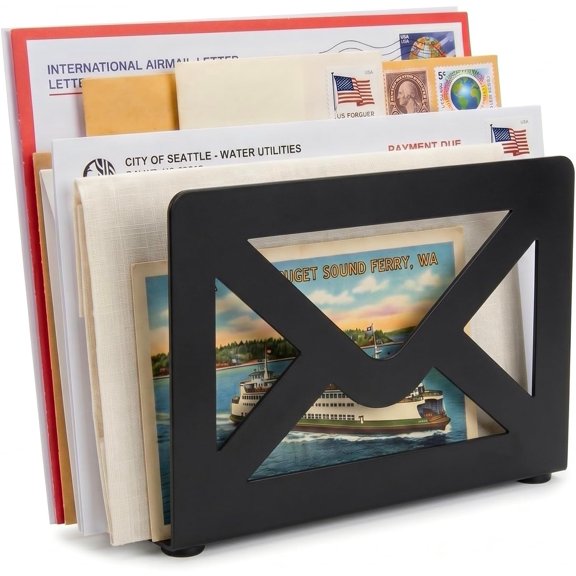 Black Metal Desktop Mail Holder with Cutout Envelope Design Home and Office Desk Letter Organizer