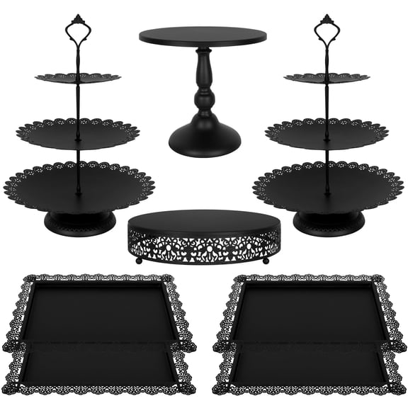 Black Metal Dessert Table Display Set 8 Pieces 3 Tier Cupcake Stand Lace Edge Cake Tower Rectangular Serving Trays For Wedding Birthday Baby Shower Party Celebration