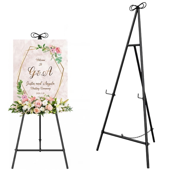 Black Metal Display Easel 55in Adjustable Floor Stand, A-Frame Tripod for Wedding Welcome Sign Poster Canvas, Event Decor