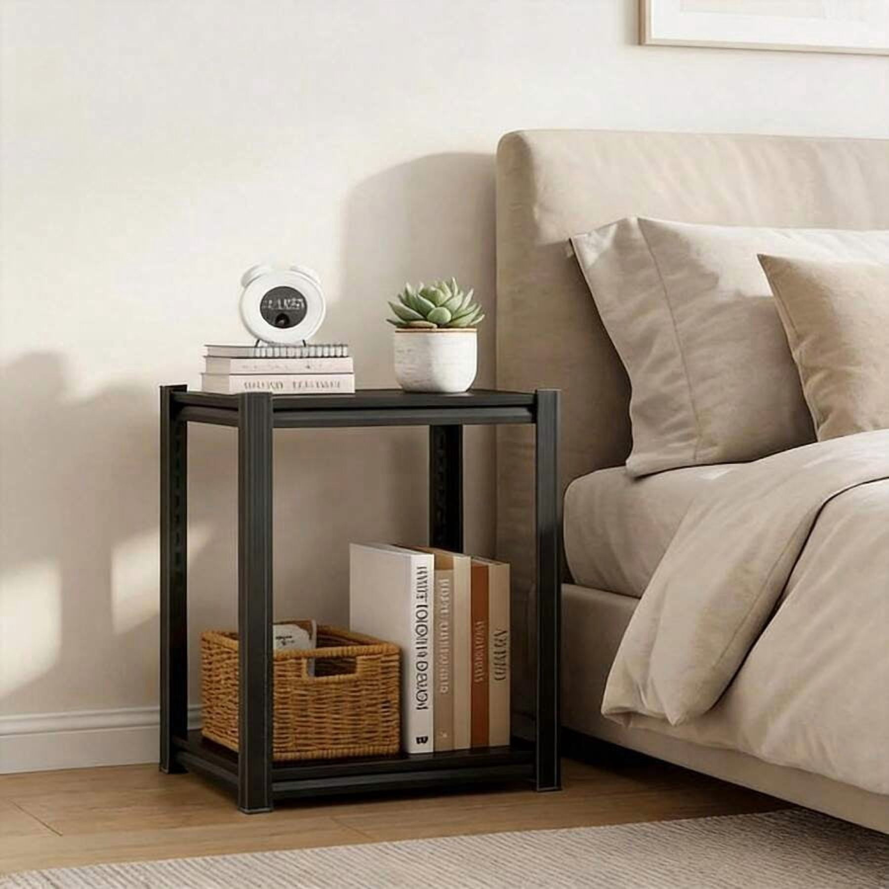 Black Metal End Table with Storage Shelves, Compact Nightstand and ...