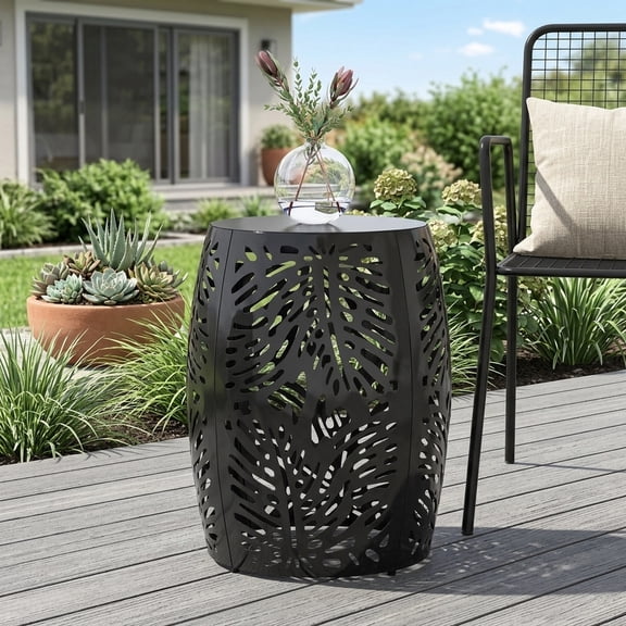 Black Metal End Table with Tropical Palm Leaf Design - No Assembly Required
