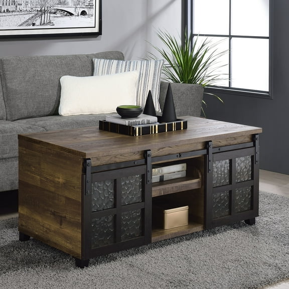 Black Metal Enhanced Rustic Oak Coffee Table With Sliding Doors, Choice And Fashionable Storage Option