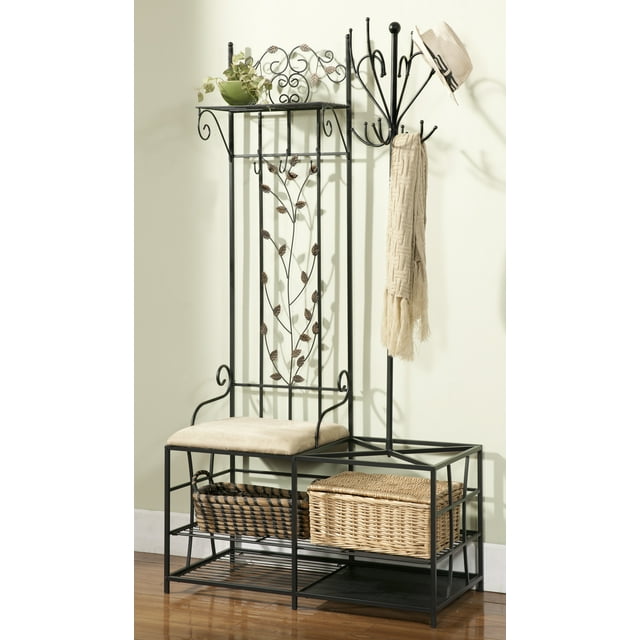 Black Metal Entryway 12 Hook Coat & Hat Rack Hall Tree Stand Organizer