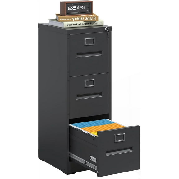 IKIMI Black Metal File Cabinet with 3 Drawer,Vertical File Cabinet with Lock for A4/Letter/Legal Size Files,Steel Filing Cabinets for Home Office,Assembly Required