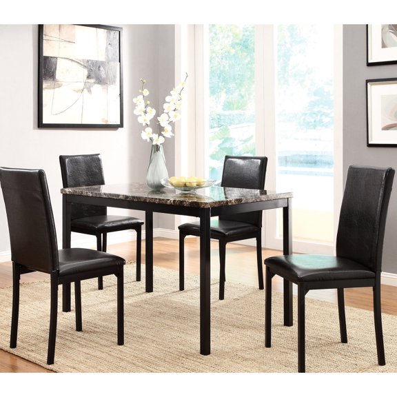 Black Metal Finish - Seating for 4 - Dining Room Decor - Faux Marble Table Set