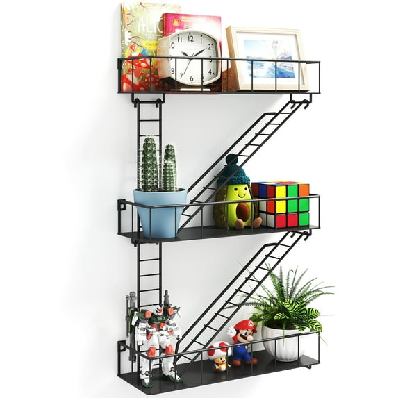 Black Metal Fire Escape Wall Shelf, Unique Decorative Shelves for Wall, New York Shelf Ladder Storage, Funky Knick Knack Shelf Organizer, Industrial Wall Shelves for Bathroom,Living Room