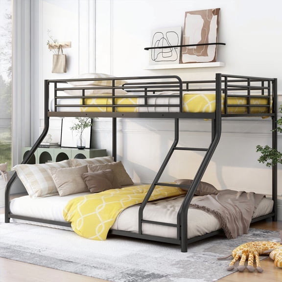 Black Metal Floor Bunk Bed: Twin XL/Queen, Sloping Stairs for Comfort