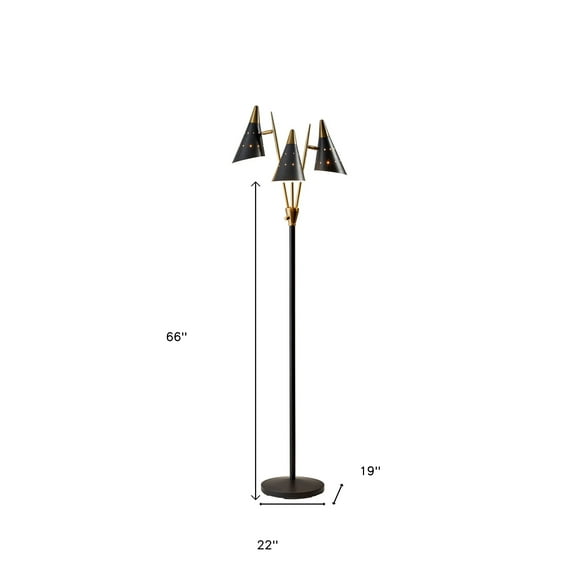 Black Metal Floor Lamp with Three Adjustable Antique Brass Accented Cone Shades