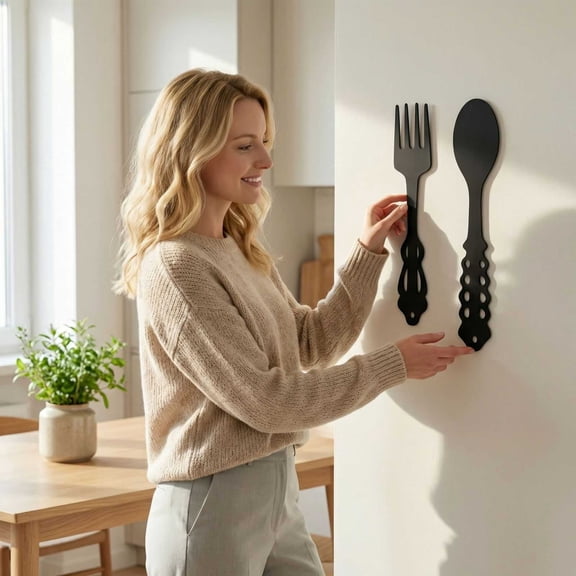 Black Metal Fork Spoon Wall Decor 2PCS - Farmhouse Vintage Kitchen Signs | Home Dining Room Living Room Decor