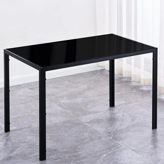 Black Metal Frame Dining Table With Smooth Glass Top - Seats 4 Comfortably Furniture Tabletop,