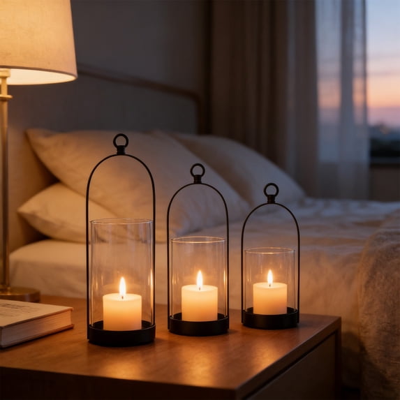 Black Metal Frame Glass Tabletop Candle Holder, Clear Cylinder Glass Windproof Hanging Lantern, Decorative Candle Stand for Wedding Patio Indoor Outdoor Home Decor, S