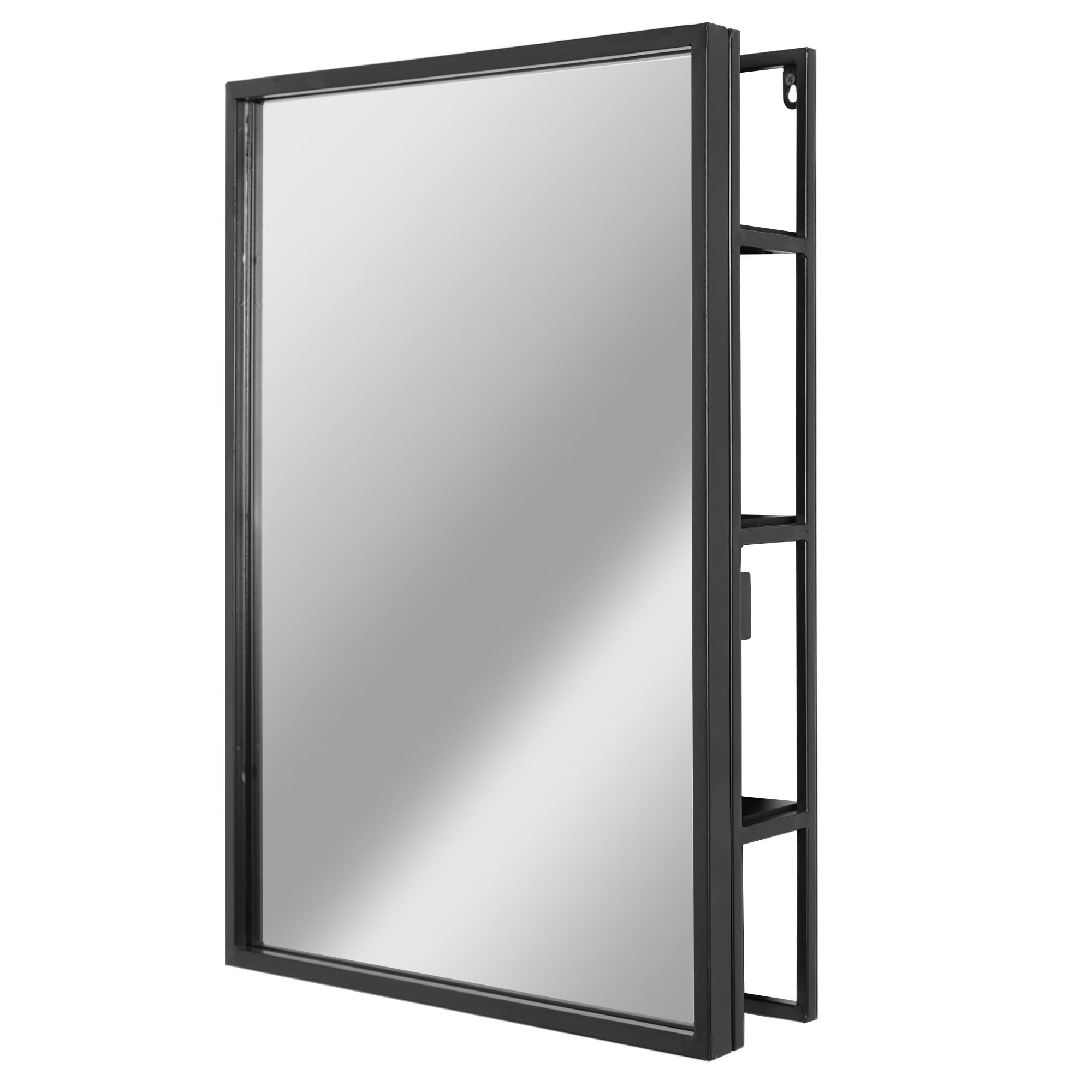 Black Metal Frame Rectangle Vanity Wall Mirror with Shelves 18" x 24