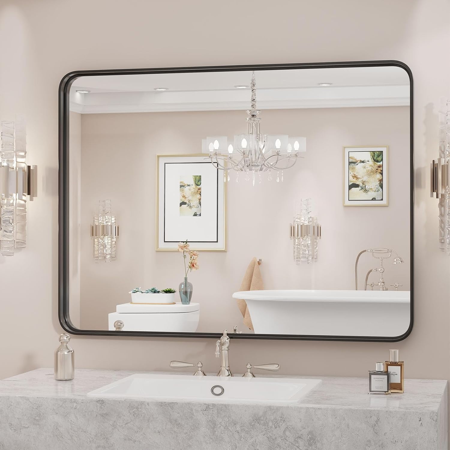 Black Metal Framed Bathroom Vanity Mirrors for Over Sink Wall, 30x40 Inch Large Rounded ...