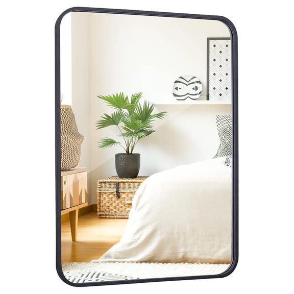 Black Metal Framed Rectangular Wall Mirror 22" x 30" Bathroom Mirror with Peaked Trim for , Bathrooms, Living Rooms