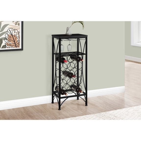 Black Metal Freestanding Wine Rack, 15-Bottle Home Bar Storage with Glass Holder