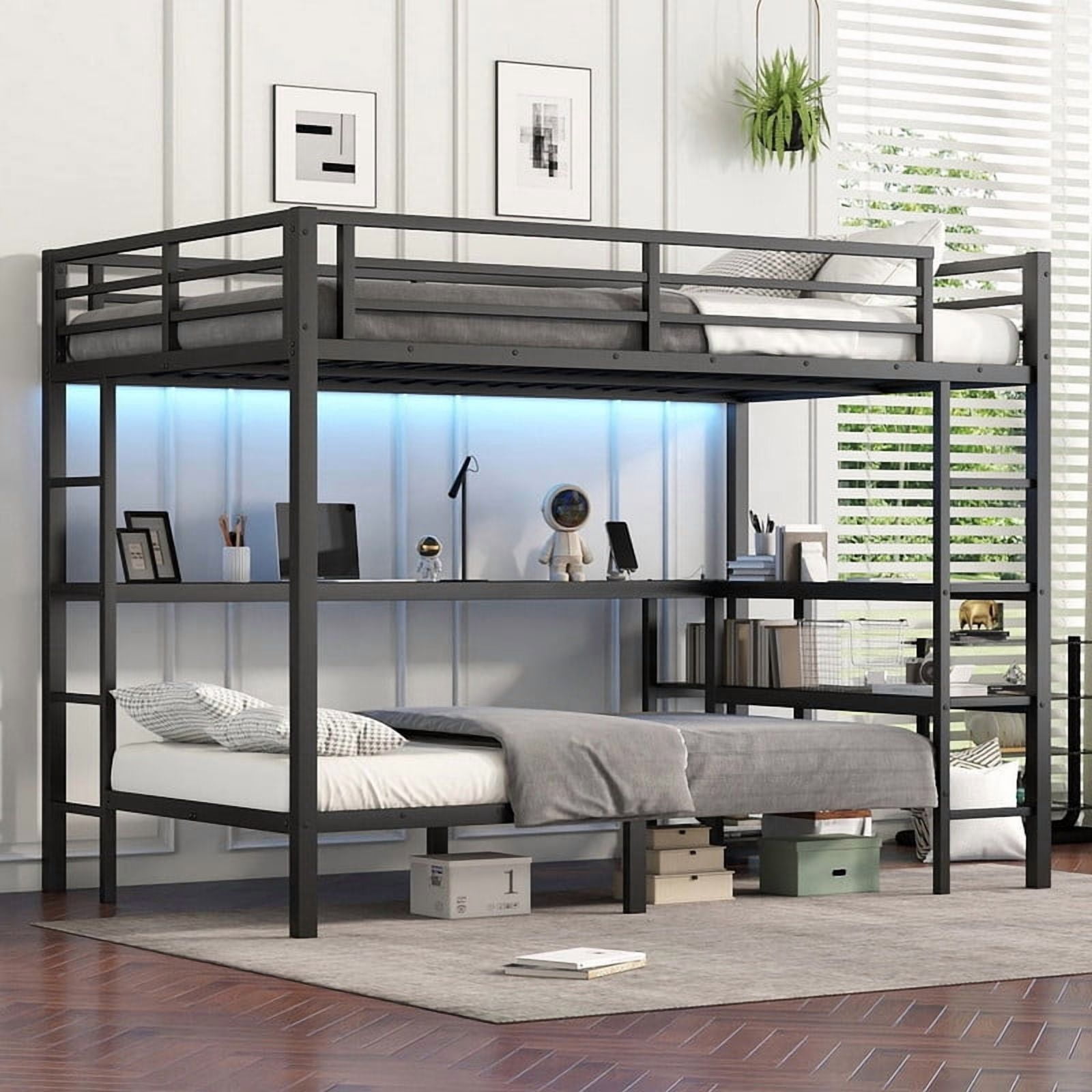 Black Metal Full XL Over Twin Bunk Bed with Desk, Shelves, LED & USB ...