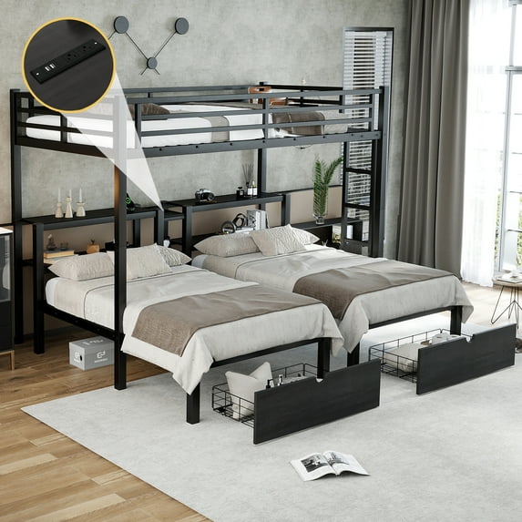 Black Metal Full XL Over Twin & Twin Triple Bunk Bed w/ Drawers, Shelves & USB Ports - Space-Saving Design for Bedroom, Durable Frame
