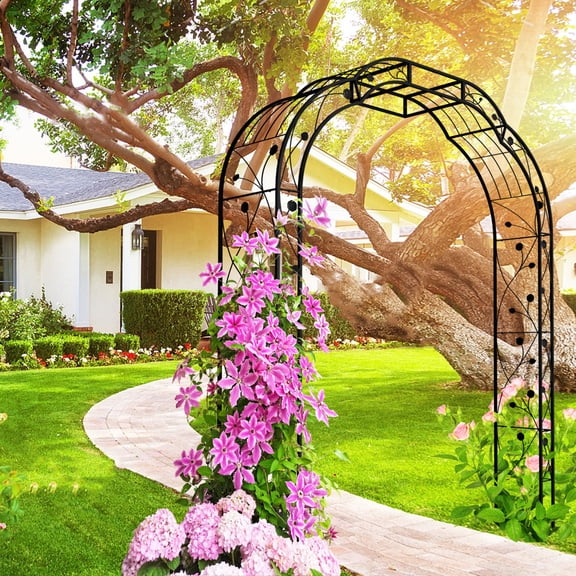 Black Metal Garden Arch 74.4''W98.4''H Rustproof Trellis for Climbing Roses