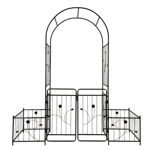 Black Metal Garden Arch with Double Gate & Side Planter Stands, 79.5"W x 86.6"H Heavy Duty Galvanized Rose Arch Trellis, Weatherproof Climbing Vine Support for Outdoor Garden Yard