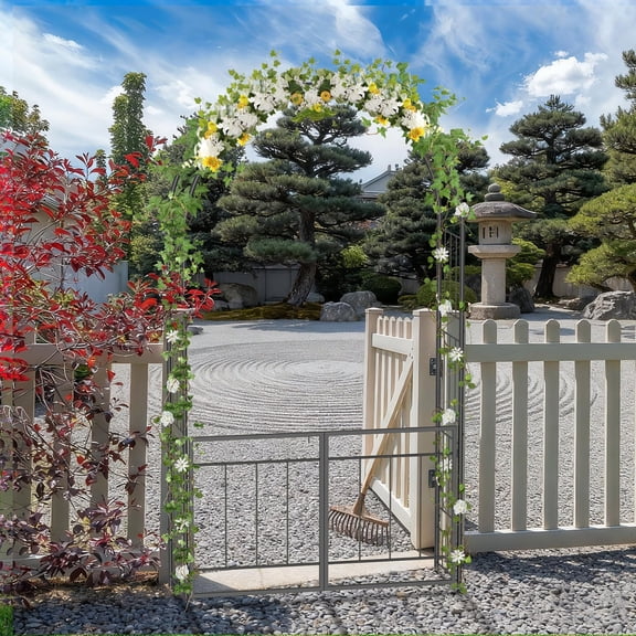 Black Metal Garden Arch with Gate, Climbing Plant Arbor with Stabilizing Stakes, Rust-Resistant Wedding & Backyard Decor Archway