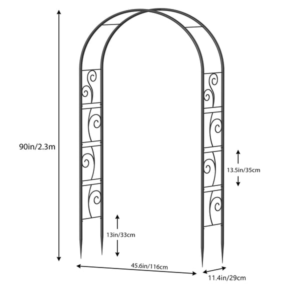 Black Metal Garden Arch with Scrollwork - 90in Arched Trellis for Climbing Plants & Weddings