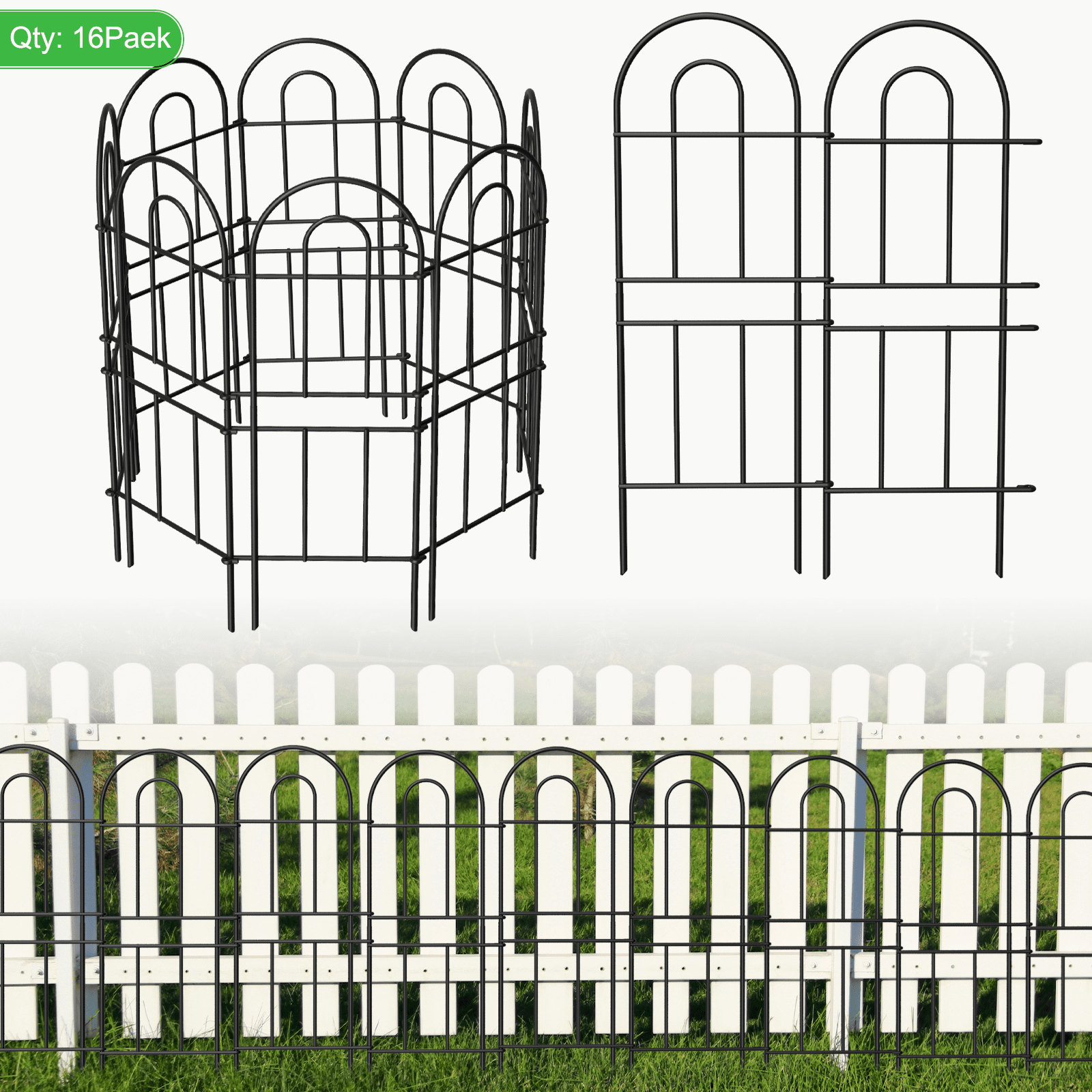 Black Metal Garden Fence 16-Pack, 32.2in Tall Decorative Animal Barrier for Yard Patio Flower Bed