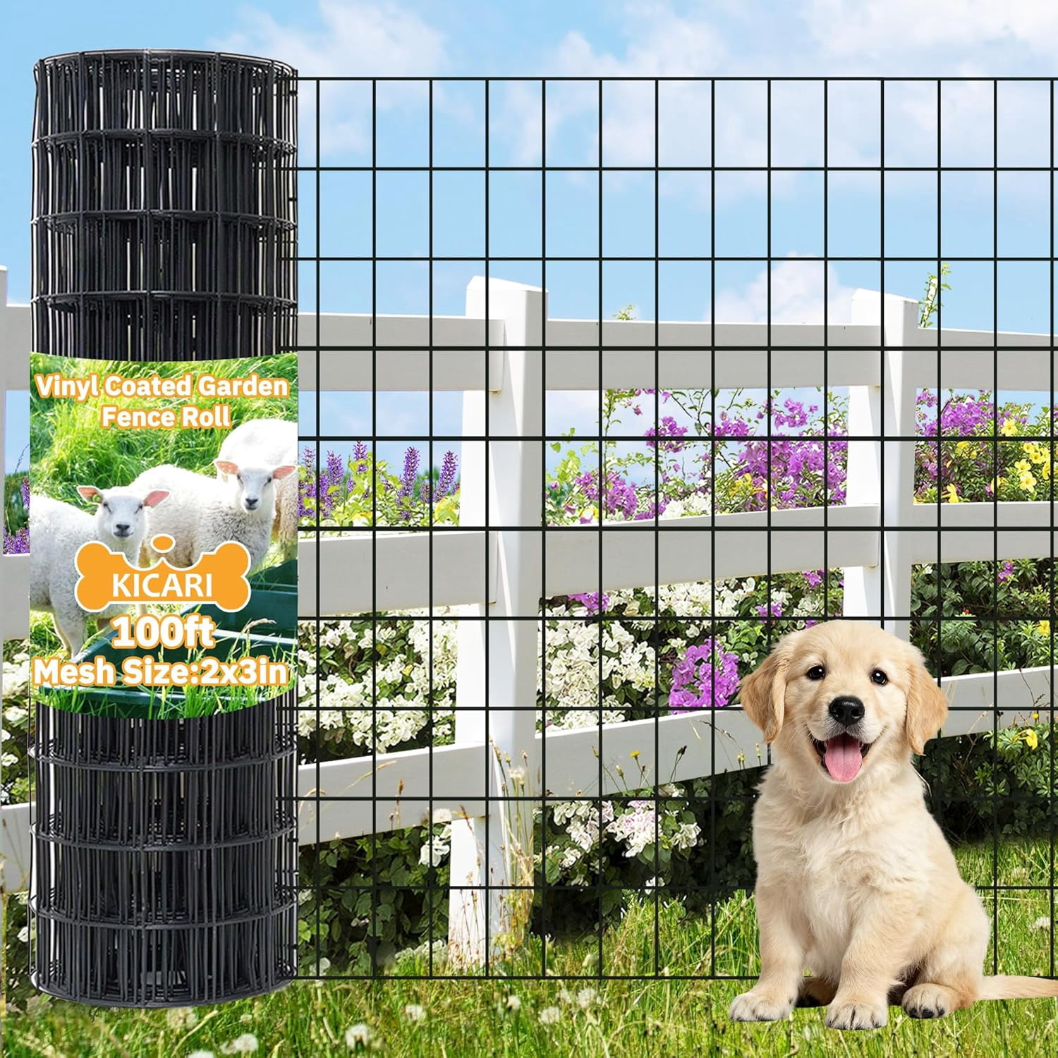 Black Metal Garden Fence, 24inch(H) x 100ft(L), 2 inch x 3 inch,14GA 2/3/4/5/6 Ft Tall Chicken Wire PVC Coated Welded Wire Mesh Roll for Dogs Border Yard Vegetable Plant Protection Poultry Netting