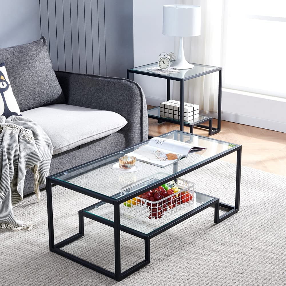 Black Metal Glass Coffee Table - Simple Center Coffee Table for Living ...