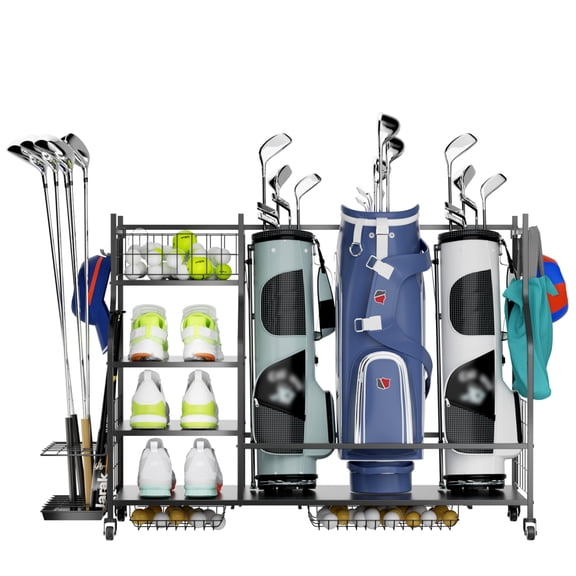 Black Metal Golf Bag Storage Organizer with Lockable Rolling Wheels, 51.6"15.8"34.3" Garage Golf Equipment Rack with Shoe Shelves & Removable Hooks