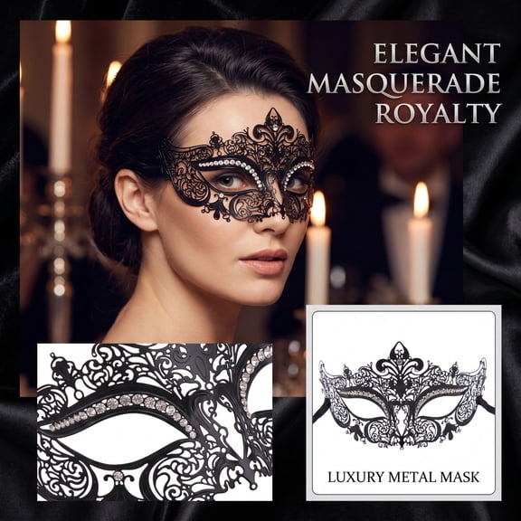 Black Metal Half Face Mask for Halloween Masquerade Party, 7.5X4 Inch Eye Mask with Rhinestone Decorations, Vintage Halloween Farmhouse Decor Style for Women Men and Couples