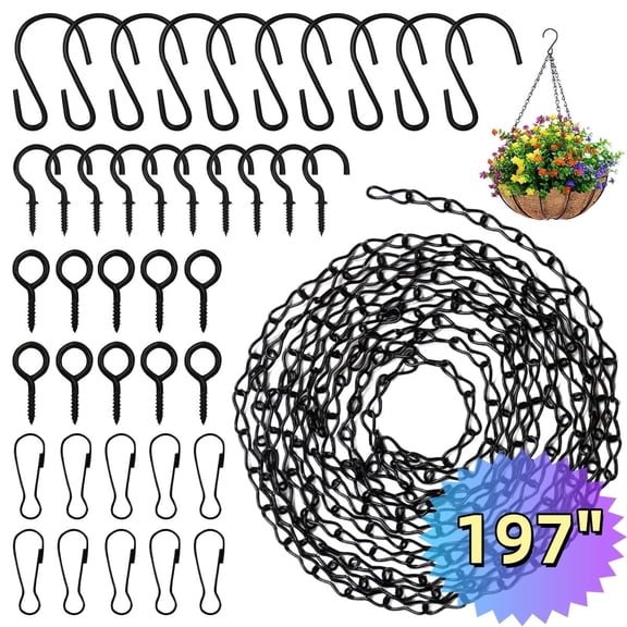 Black Hanging Basket Chains Hooks Set 197" for Planters, Bird Feeders, Lanterns, Wind Chimes, Bird Enthusiasts Outdoor