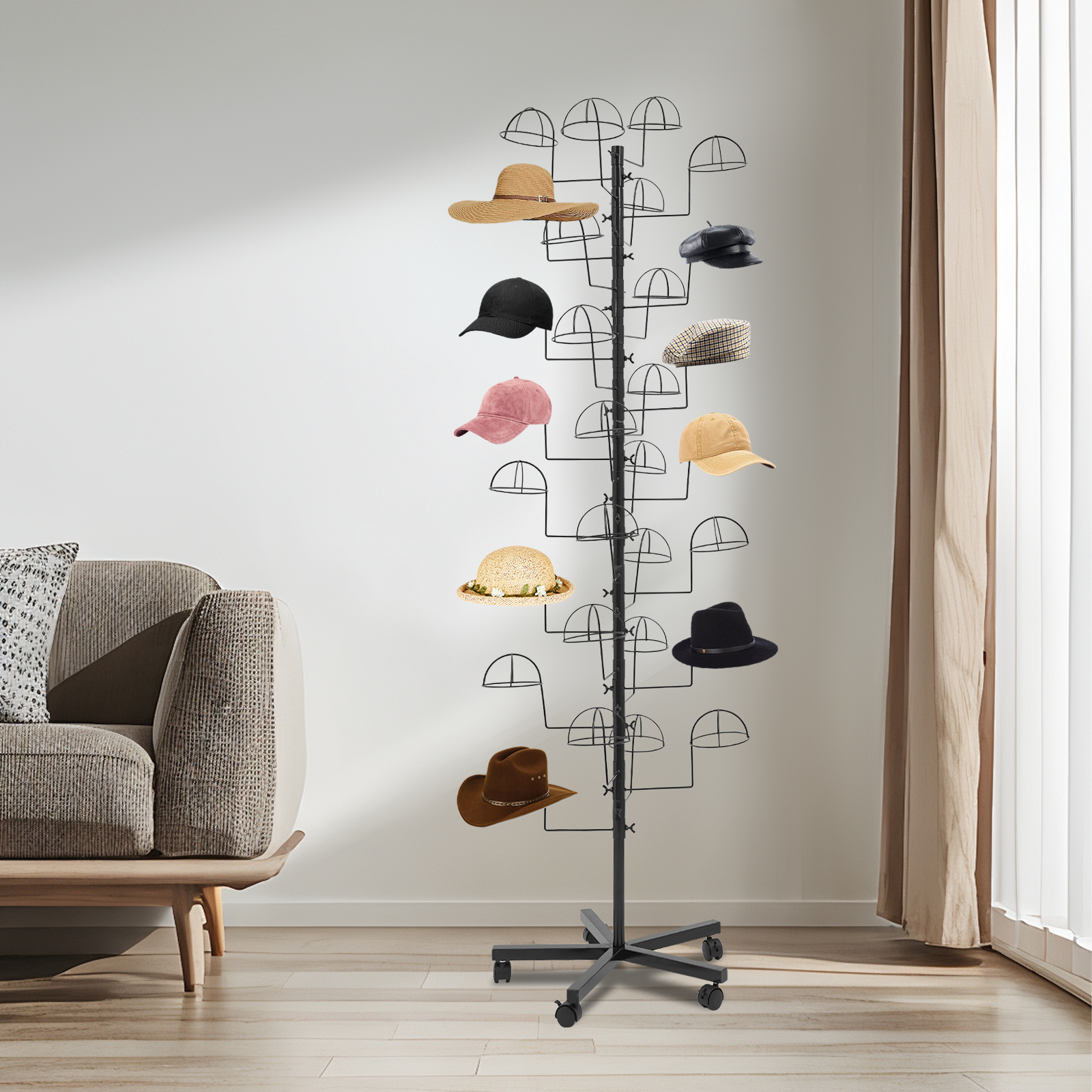 Black Metal Hat Rack, Hat Storage Stand with 30 Hooks, for Bedrooms ...
