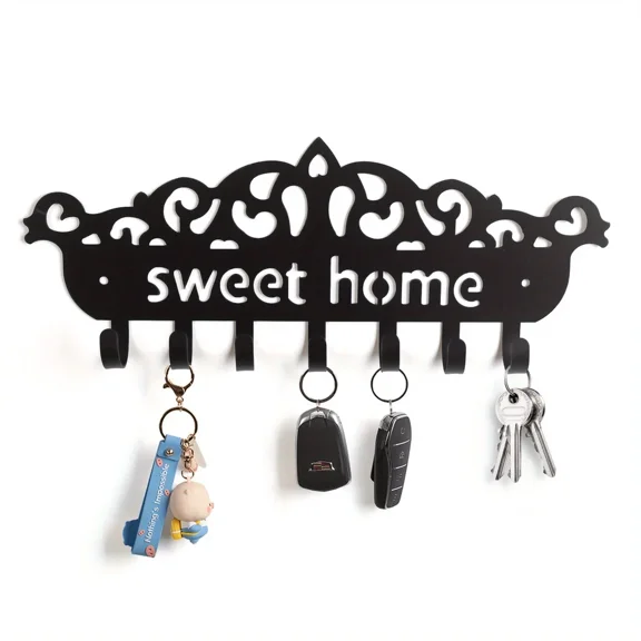 Black Metal Key Organizer Rack, Wall Mounted Key Holder, Key Storage Row Hooks for Wall Decorative Kitchen Bathroom Living Room