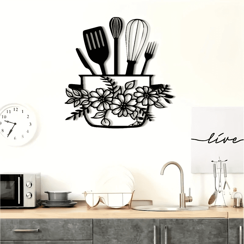 Black Metal Kitchen Wall Art, Floral & Utensil Rustic Farmhouse Decor ...
