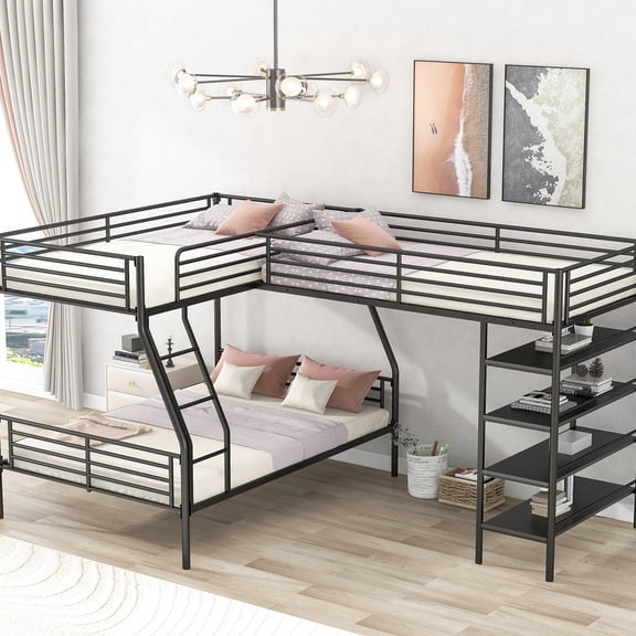 Black Metal L - shaped Loft Bed / Ideal for Bedroom with Storage