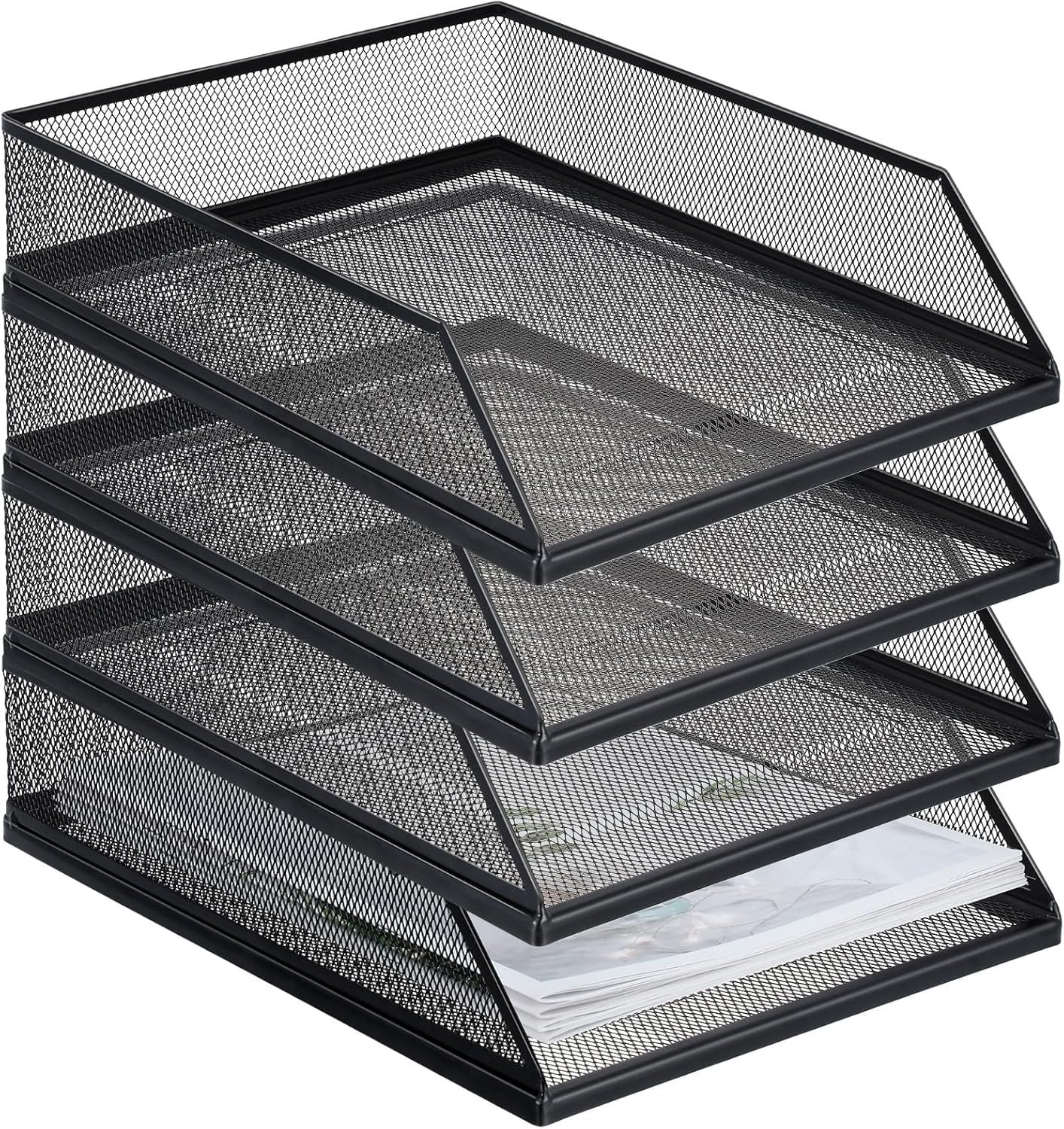 Black Metal Letter Tray Stackable Desk Tray Single Wire Mesh Organizer Front Load File Paper Holder for Desktop Office Home
