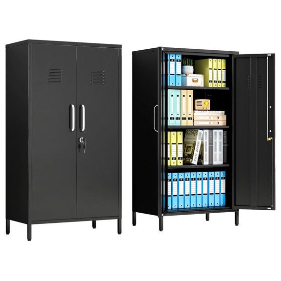 Black Metal Locker 47.24 Inch Small Storage Cabinet with Lock and Adjustable Shelf for Office Home School Gym Heavy Gauge Steel