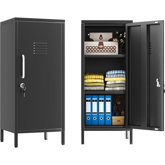 Black Metal Locker Cabinet, 35.4" H Home Office Storage Lockers, Vertical Steel Storage Cabinet with Locking Door and 2 Adjustable Shelves, Garage Tool File Cabinets for Home Office,Garage,Bathroom