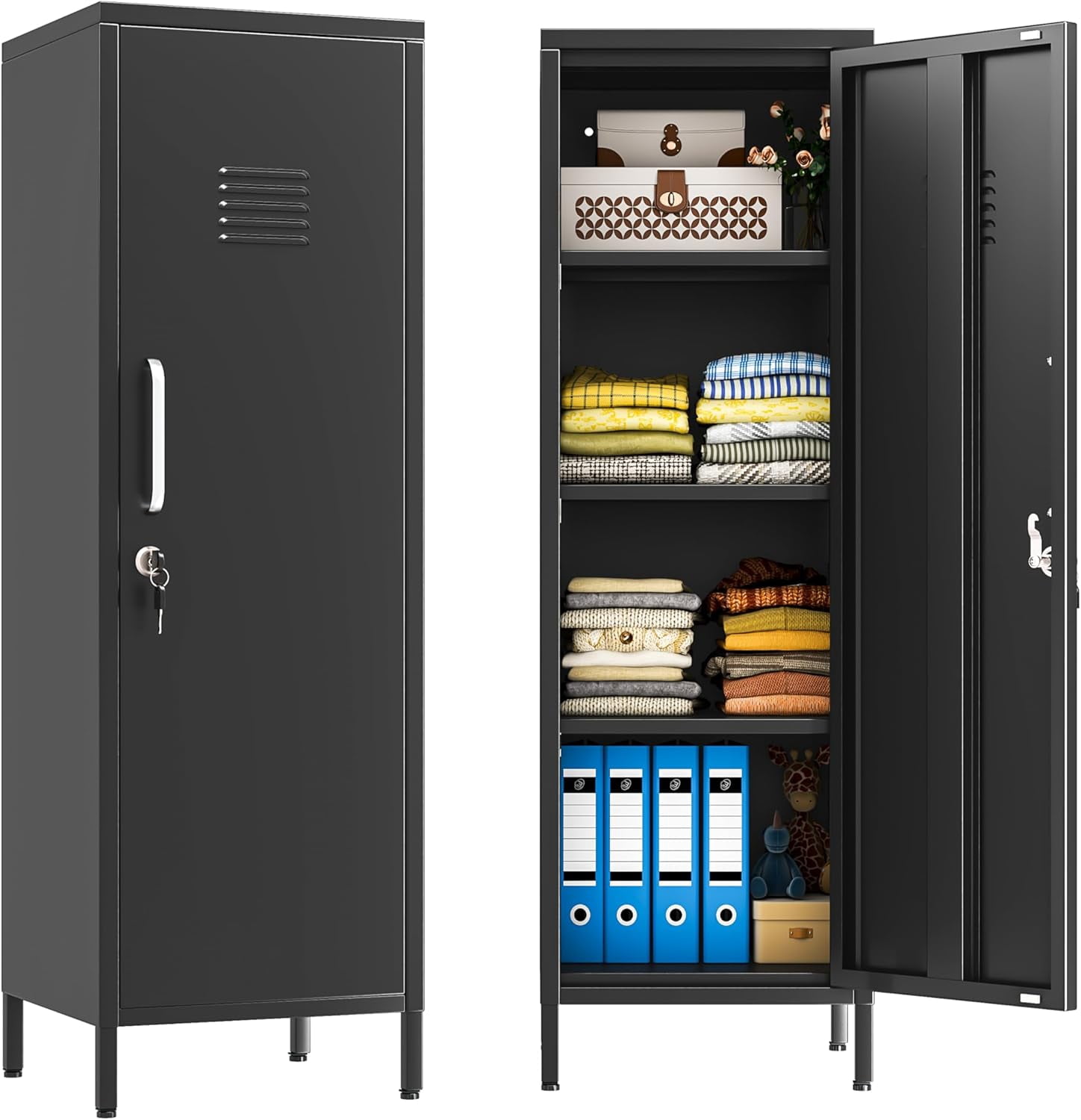 Black Metal Locker Cabinet, 47" H Home Office Storage Lockers, Vertical ...