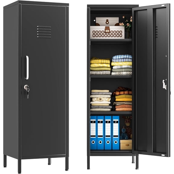 Black Metal Locker Cabinet, 47" H Home Office Storage Lockers, Vertical Steel Storage Cabinet with Locking Door and 3 Adjustable Shelves, Garage Tool File Cabinets for Home Office,Garage,Bathroom