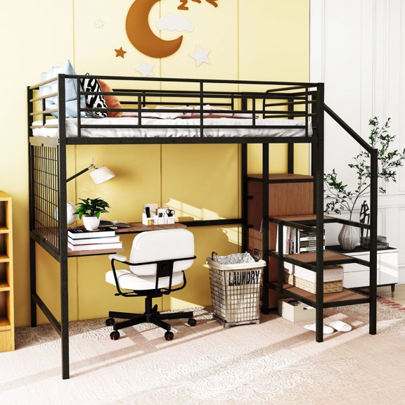 Black Metal Loft Bed With Desk And Grid. Made For Bedroom. Space Saving Horizontal Wardrobe Rack. Versatile L-shape Activity Desk. 94.1"l X 56"w 67.9"h. Mattress Not Included. 250 Lbs Load Capacity.