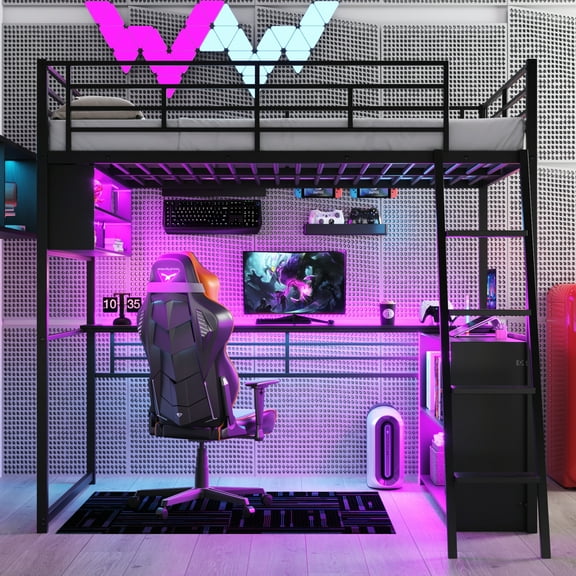 Black Metal Loft Bed With Led, Desk, And Ample Storage Facilities - Versatile Shelving