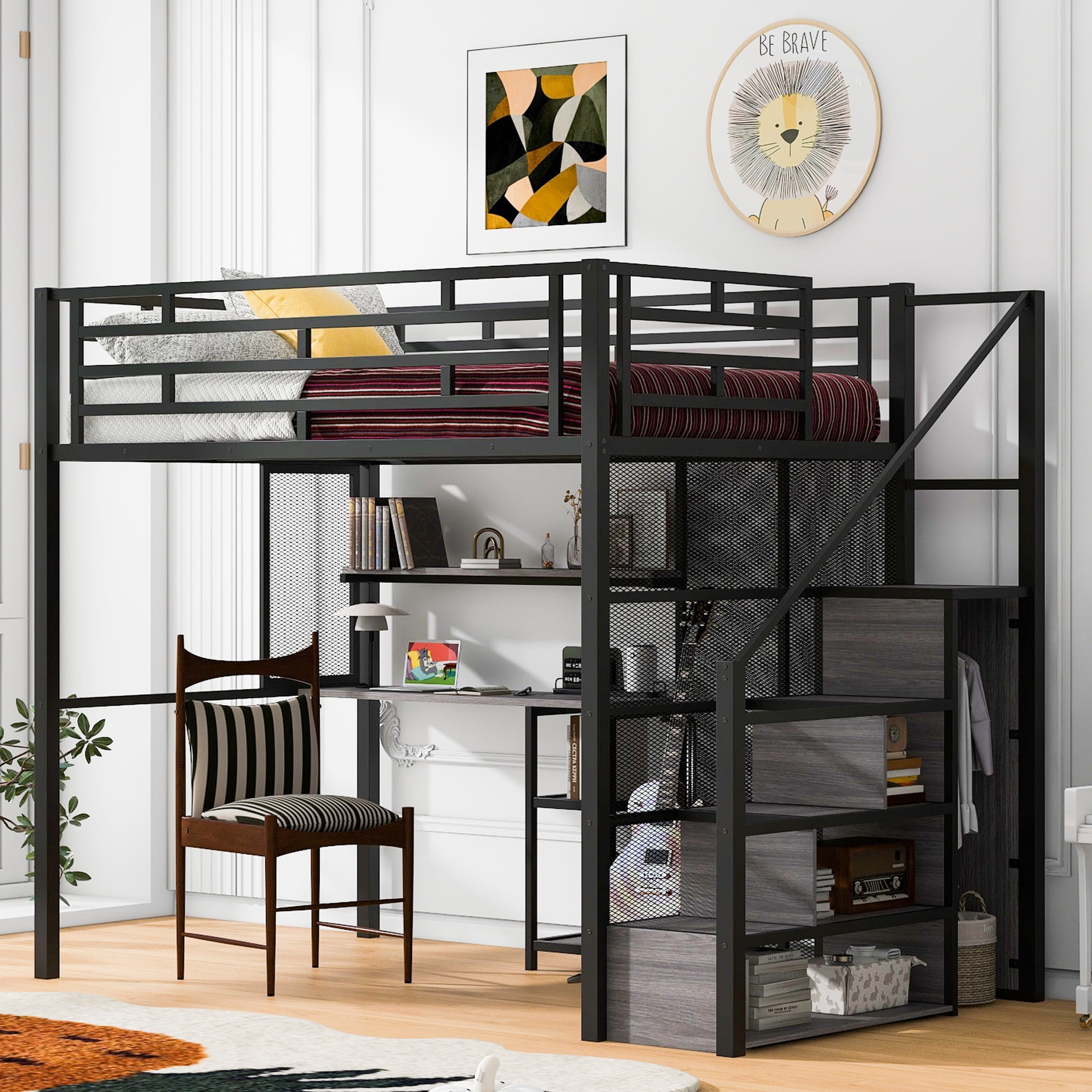 Loft Bed with Desk and Shelf - Space Saving Design in Black