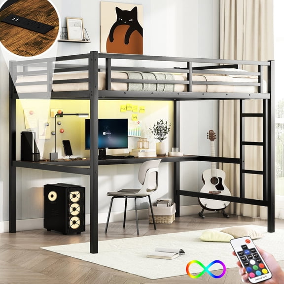 Black Metal Loft Bed with Power Outlet and Space-Saving Design / Practical for Small Bedrooms