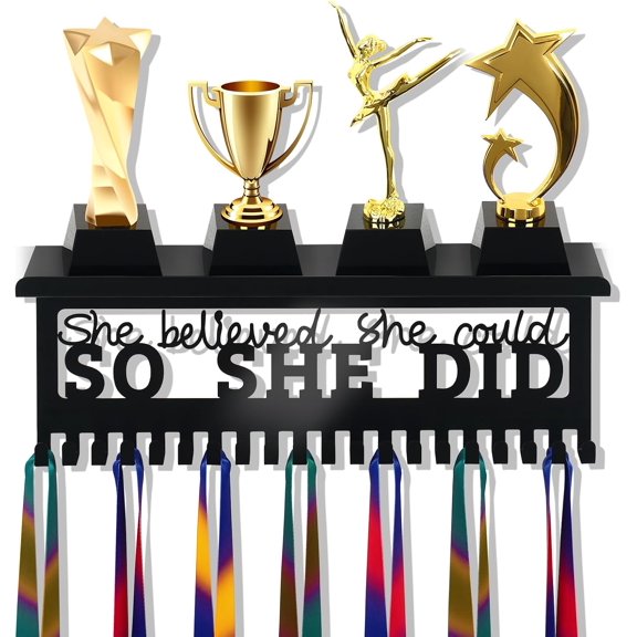 Black Metal Medal Holder and Trophy Wall Frame - Adjustable, Foldable Hanging Shelf - Practical Organizer for Trophies and Medals