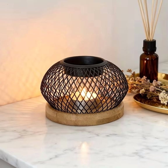 Black Metal Mesh Candle Lamp 3-in-1 Fragrance Oil Burner Essential Oil Diffuser for Home Office Desk Decor